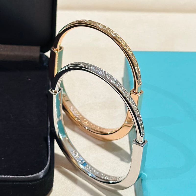 18K Tiffany Lock Bangle Half Pave Diamonds Bracelet