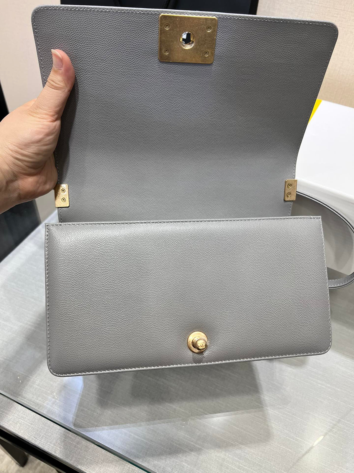 CHANEL BOY BAG MEDIUM 25 GREY CAVIAR GOLD HARDWARE