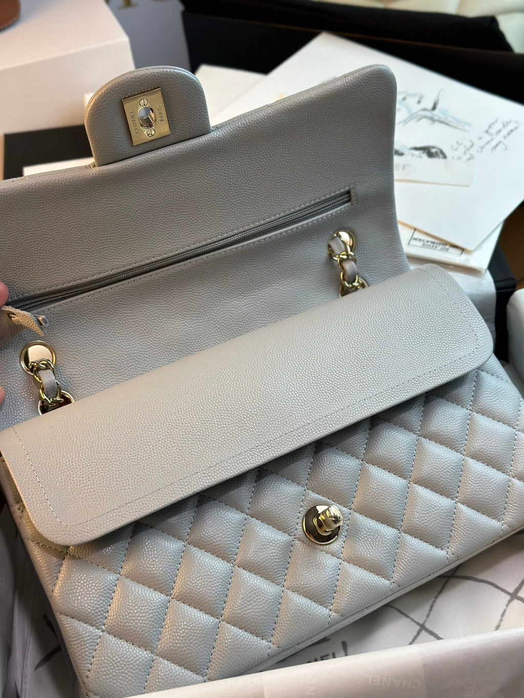 CHANEL FLAP BAG 25CM GOLD HARDWARE GREY CAVIAR