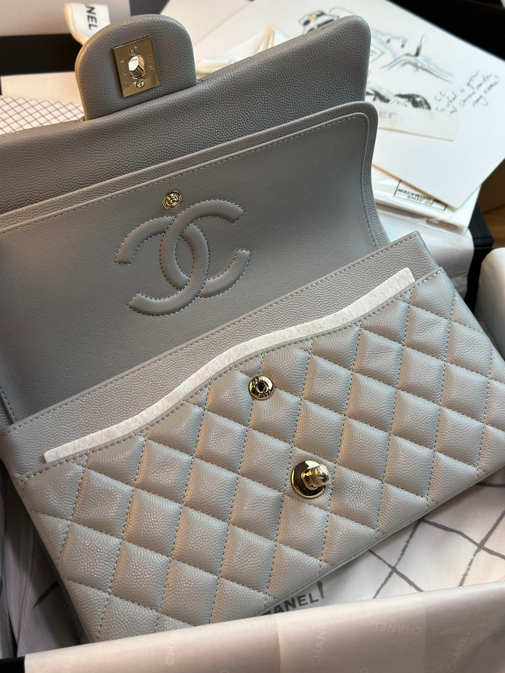 CHANEL FLAP BAG 25CM GOLD HARDWARE GREY CAVIAR
