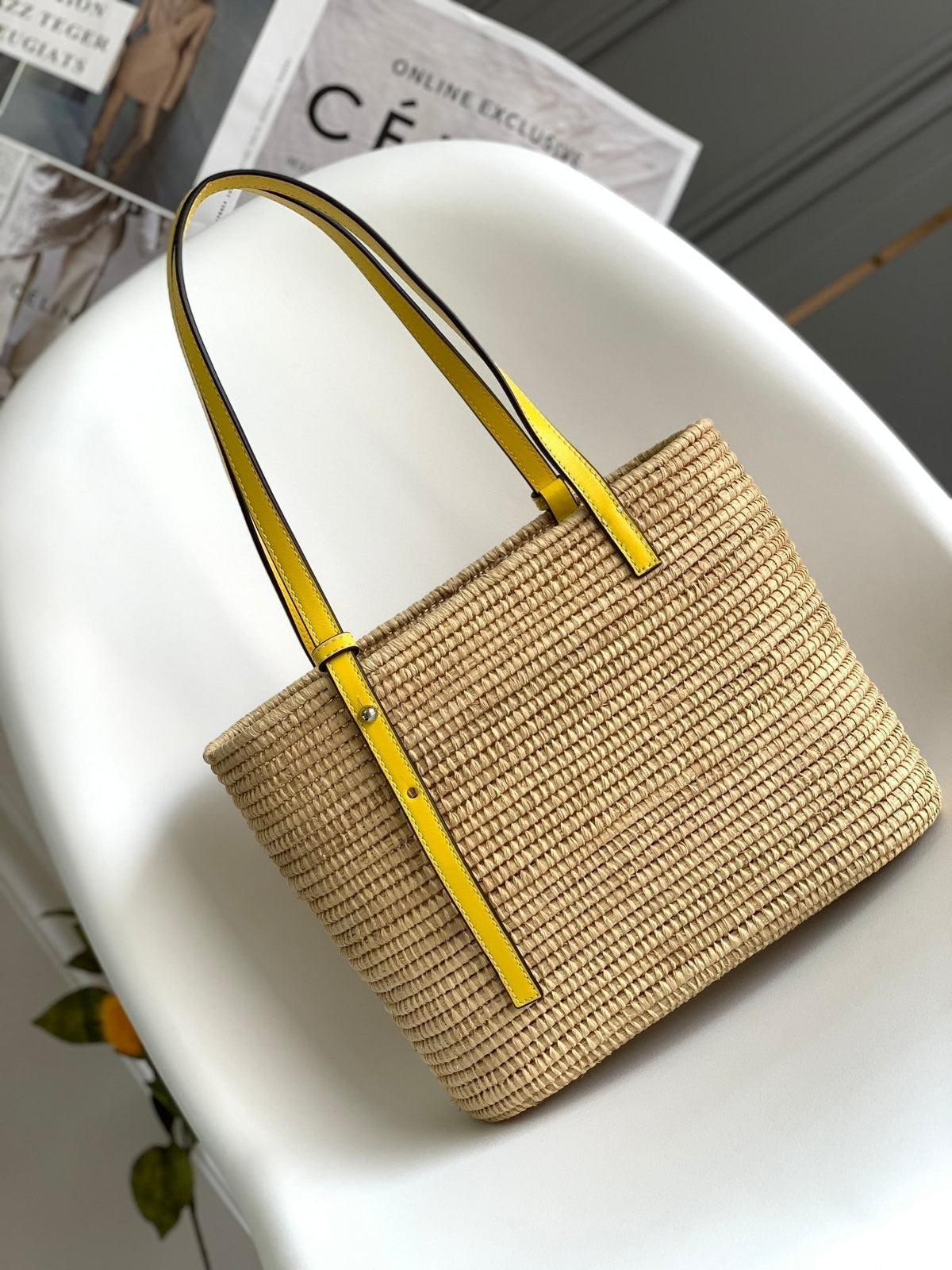 LOEWE 25S BASKET BAG 30 IN NATURAL MIX YELLOW RAFFIA CALFSKIN SHOULDER STRAP