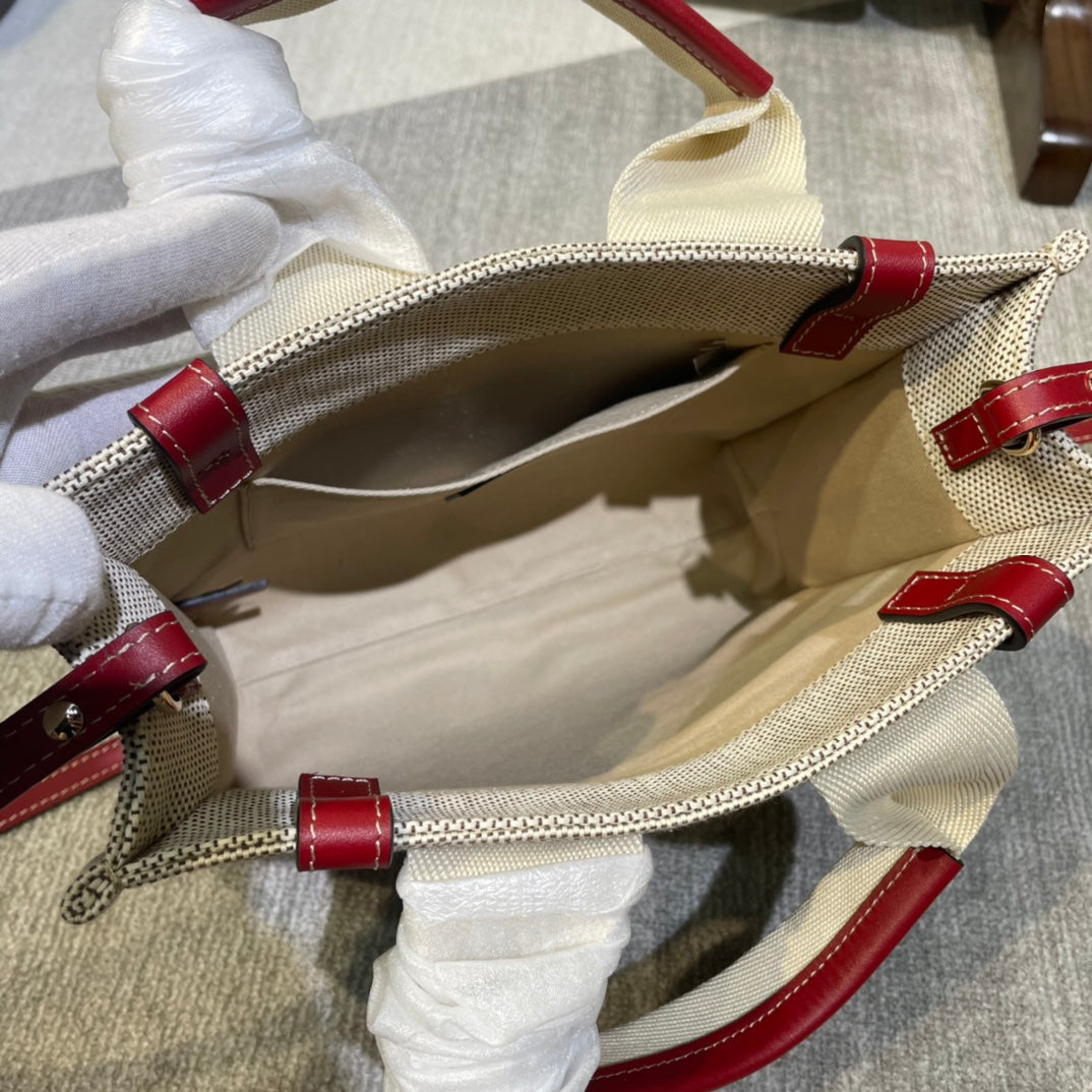 SMALL STRAP WOODY TOTE BAG 26.5 IN BEIGE LINEN CANVAS BLACK WEBBING LOGO EMBROIDER RED CALFSKIN