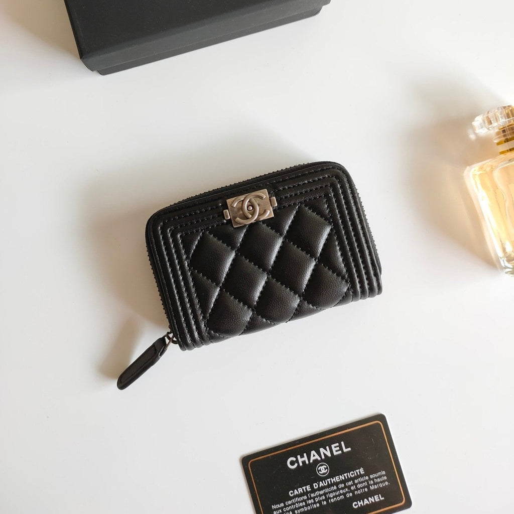 CHANEL BOY ZIP COIN PURSE 11.5 BLACK CALFSKIN ICON