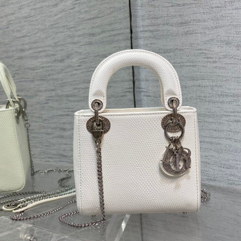 DIOR MINI LADY 17 BAG IN WHITE EMBOSSED LAMBSKIN WITH SILVER CLASP