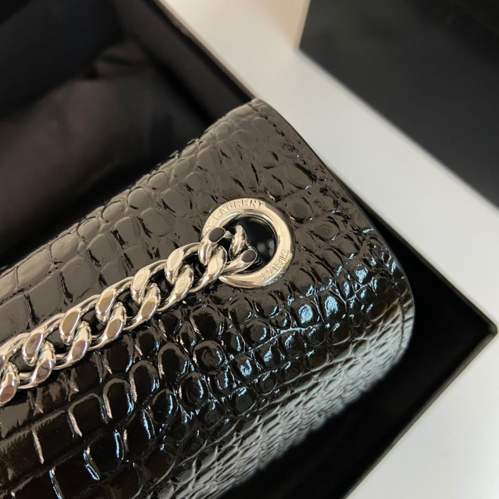 KATE TASSEL 24 CROCODILE PATTERN CALFSKIN BLACK WITH SILVER LOGO