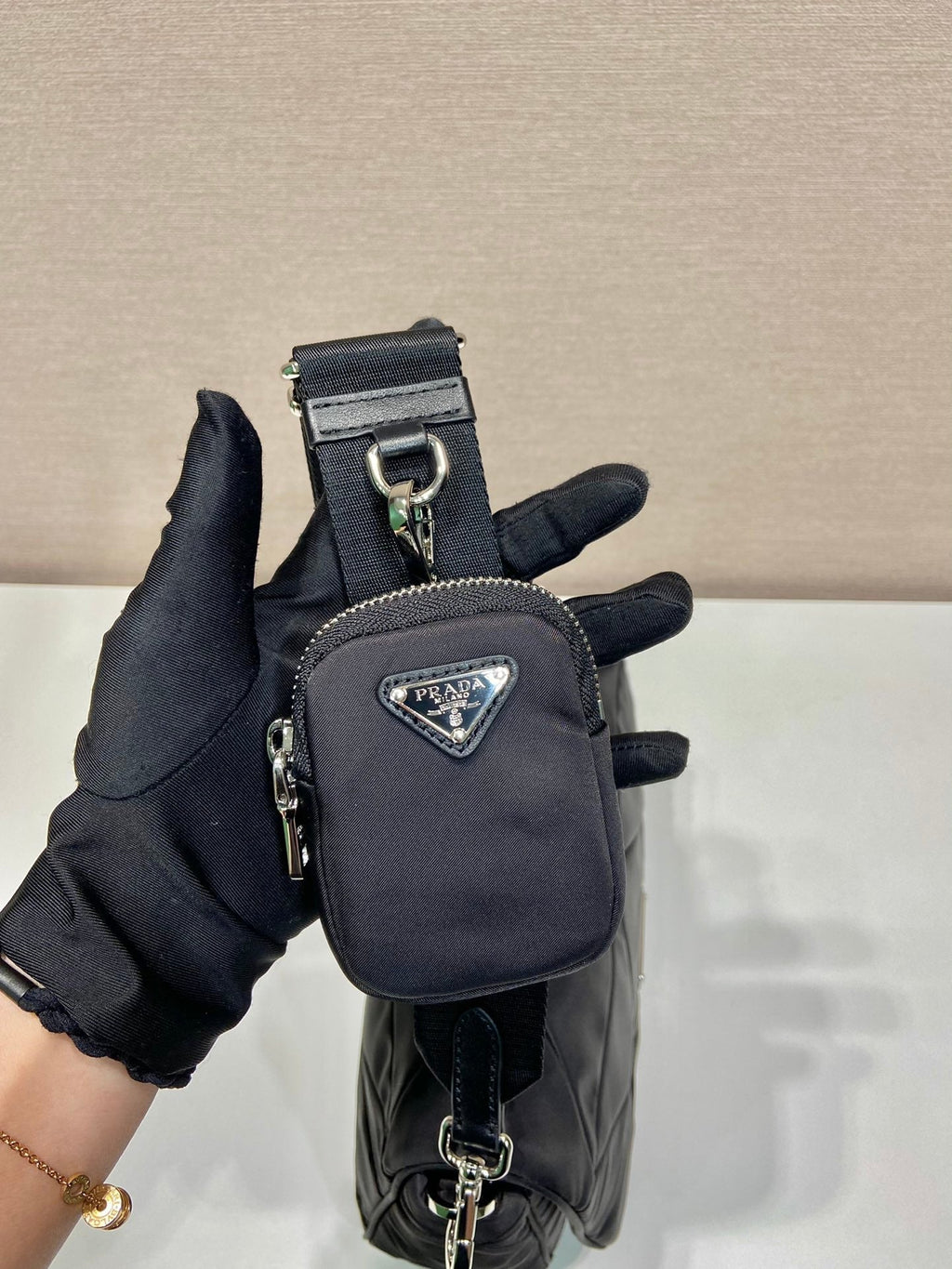 PRADA MEDIUM FLAP BAG 24 IN BLACK TRIANGULAR QUILTED PATTERN RE-NYLON