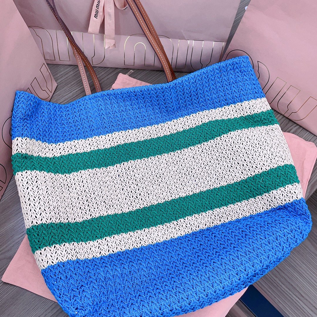 TOTE BAG 40 IN STRIPED PATTERN OF BLUE GREEN AND CREAM WHITE WOVEN RAFFIA