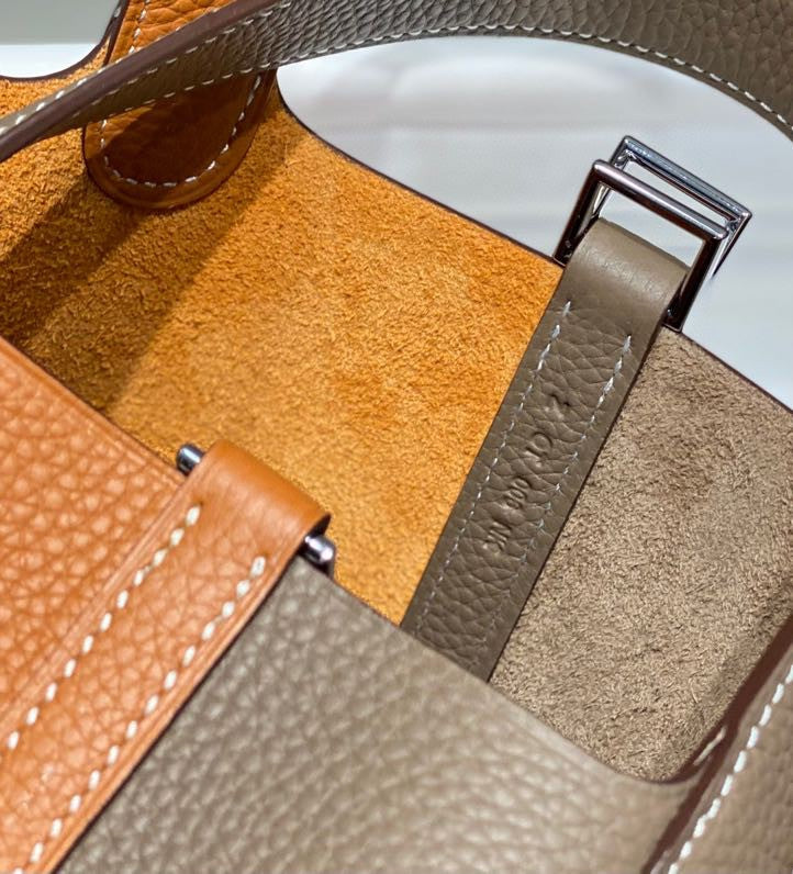 HERMES 25S PICOTIN LOCK 18 IN BROWN AND ORANGE COMBINATION CALFSKIN SILVER HARDWARE