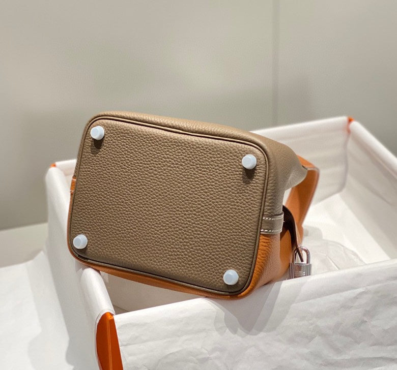 HERMES 25S PICOTIN LOCK 18 IN BROWN AND ORANGE COMBINATION CALFSKIN SILVER HARDWARE