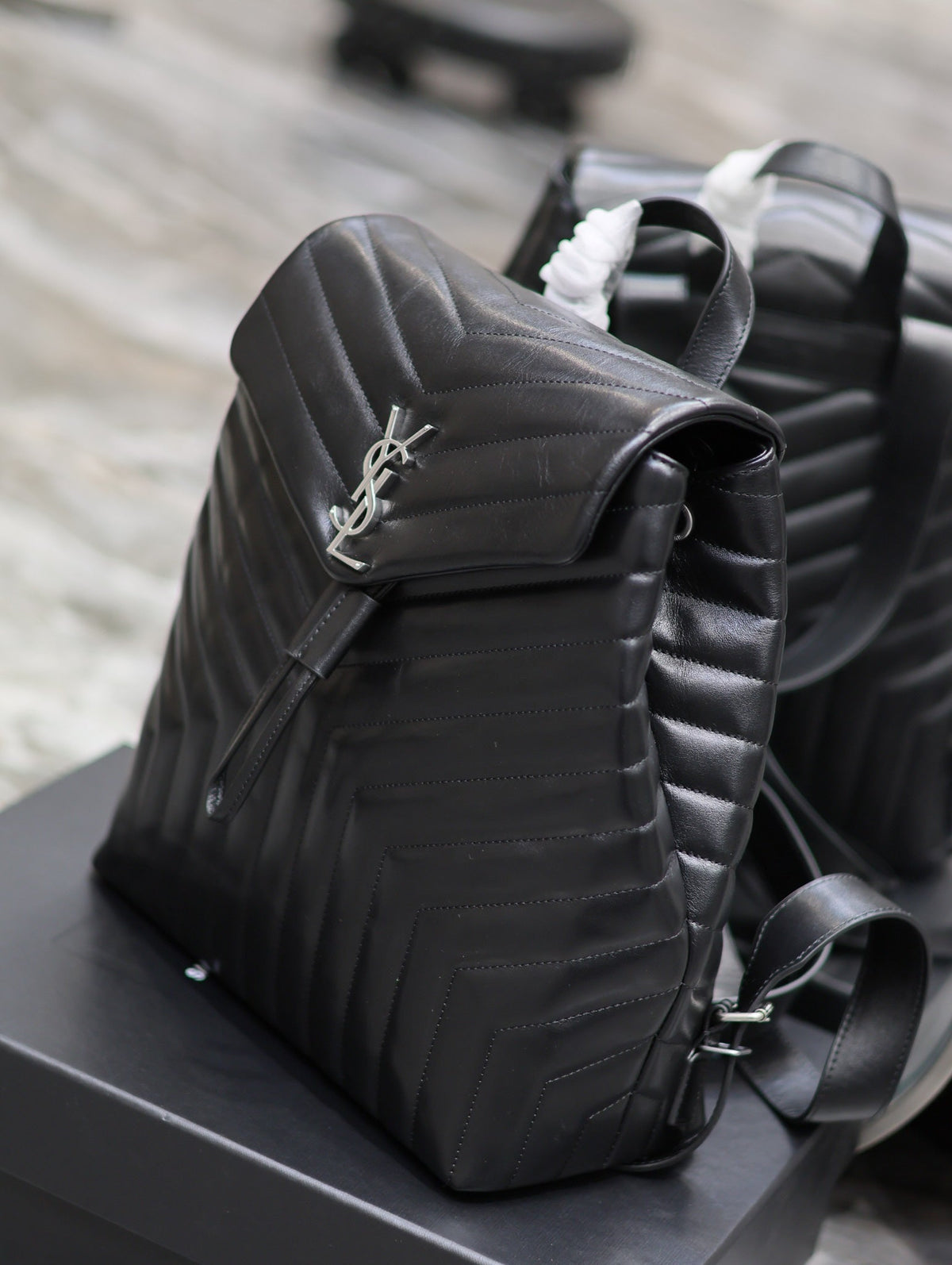LOU BACKPACK 33 IN BLACK QUILTED CALFSKIN SILVER HARDWARE