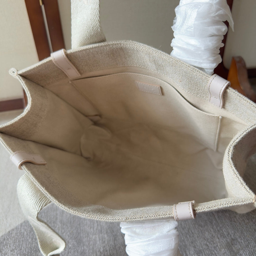 MEDIUM WOODY TOTE BAG 37 IN BEIGE LINEN CANVAS WEBBING LOGO EMBROIDER COTTON WHITE CALFSKIN