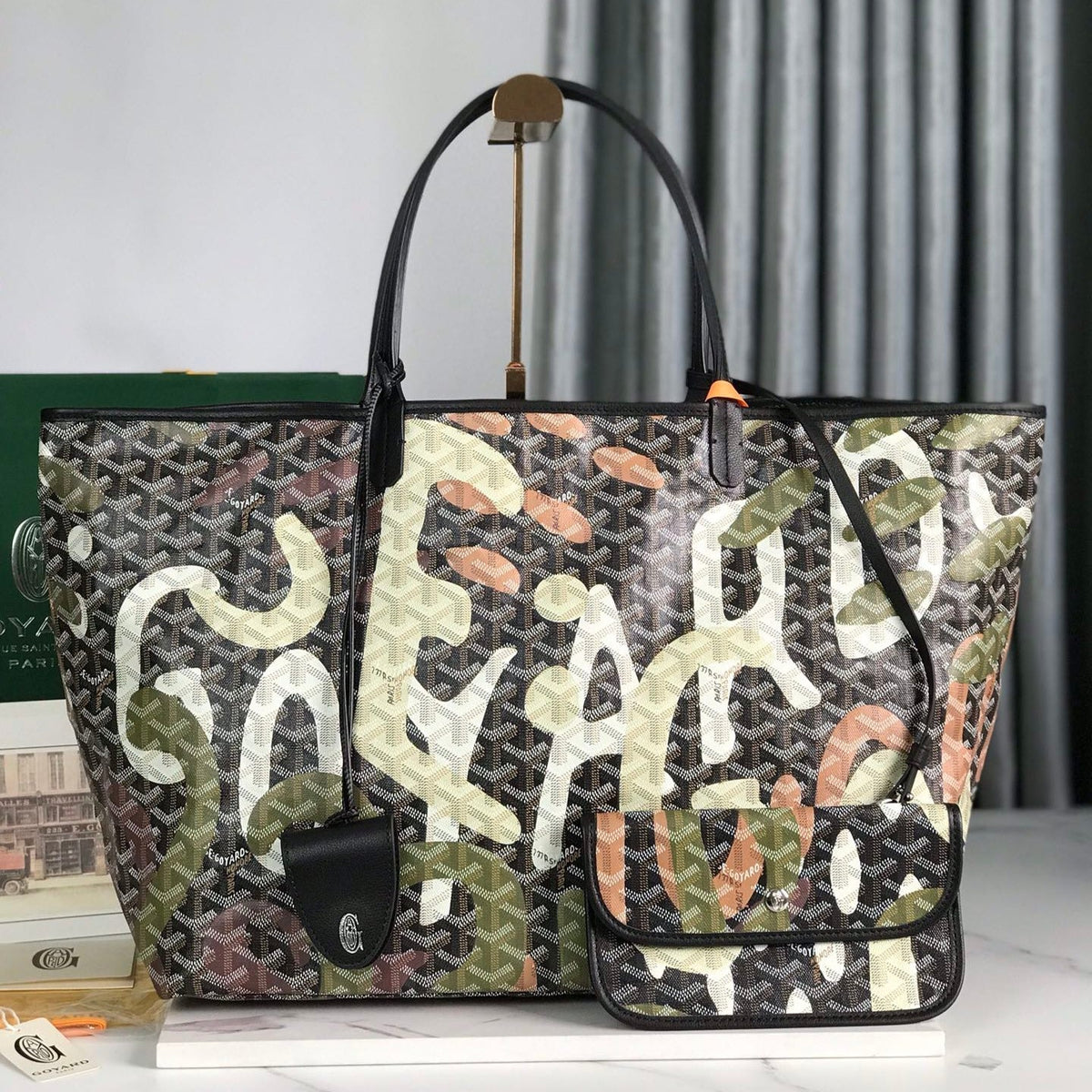 SAINT LOUIS GM BAG 40 IN GREEN LETTRES CAMOUFLAGE GOYARDINE CANVAS