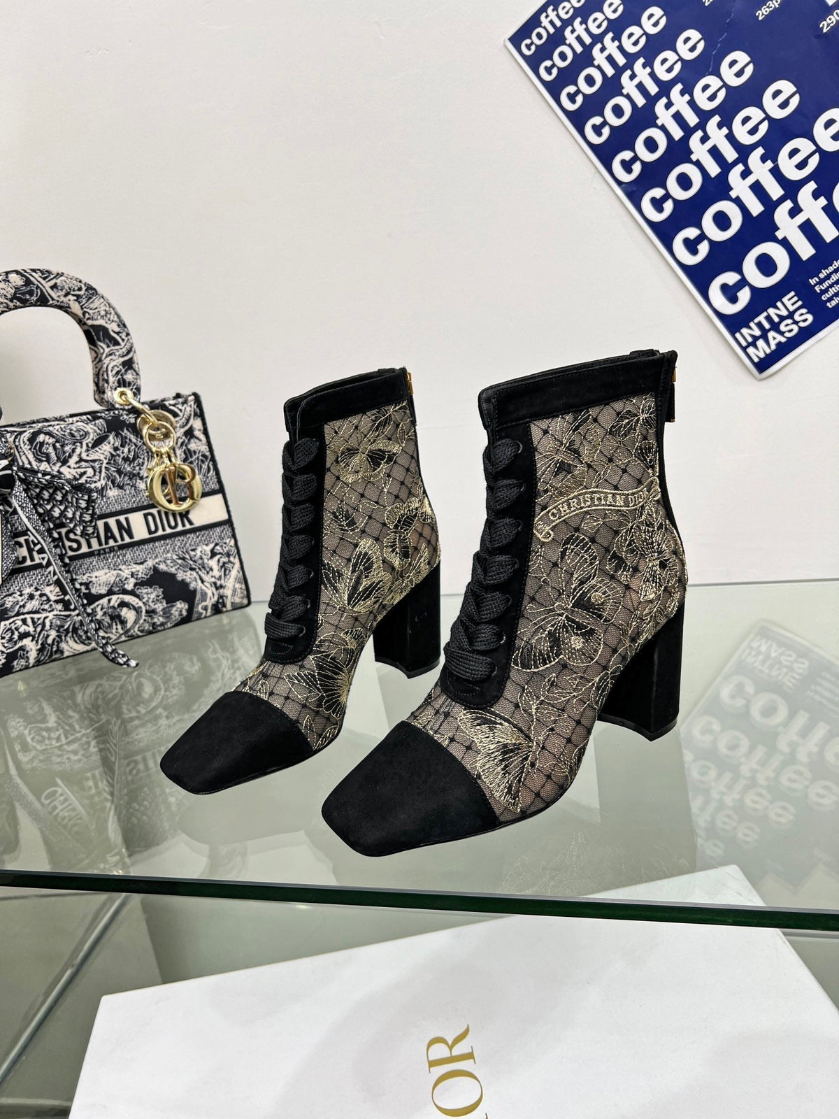 DIOR 25S NAUGHTILY-D ANKLE BOOTS 80 MM IN BLACK MESH TULLE AND SUEDE