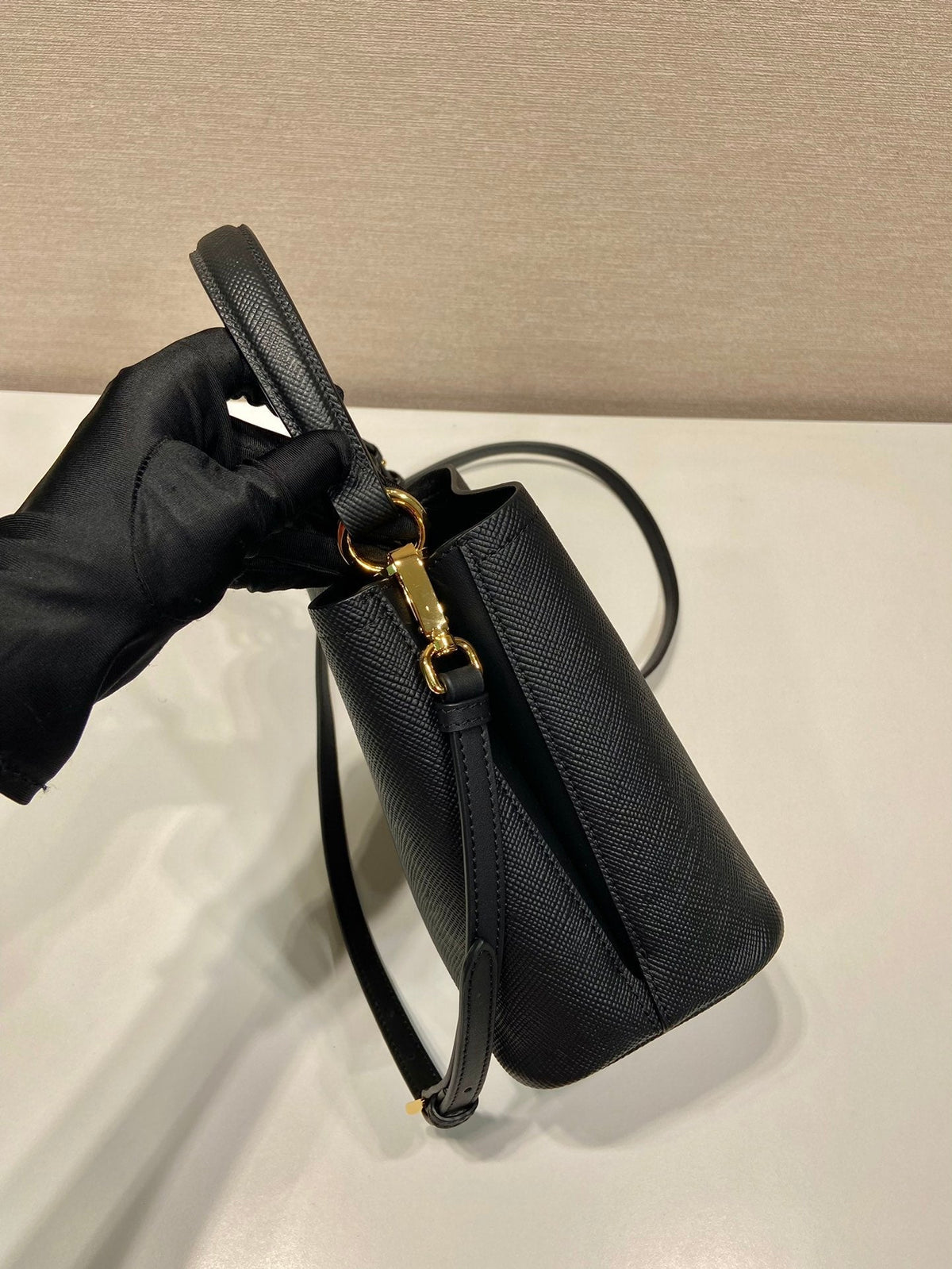 PRADA MINI BUCKET BAG 18 IN BLACK SAFFIANO LEATHER