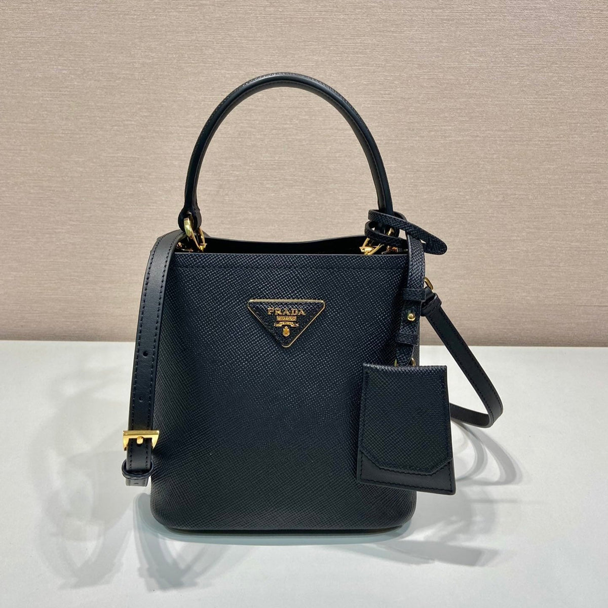 PRADA MINI BUCKET BAG 18 IN BLACK SAFFIANO LEATHER