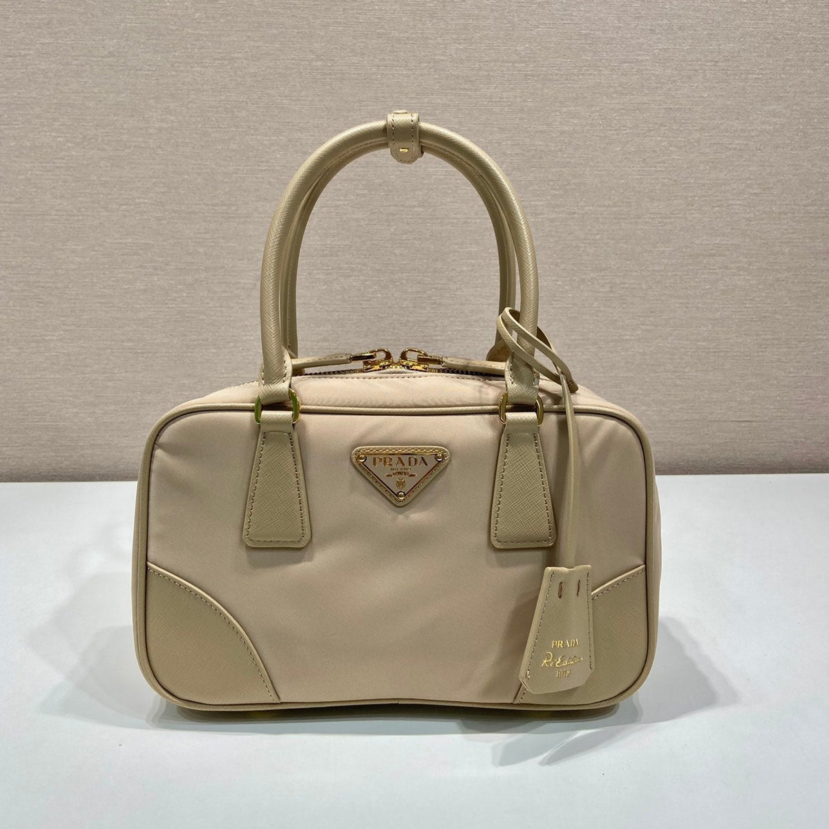 PRADA SMALL TOP HANDLE BAG 25 IN DRIED MOSS NYLON AND CALFSKIN TRIM