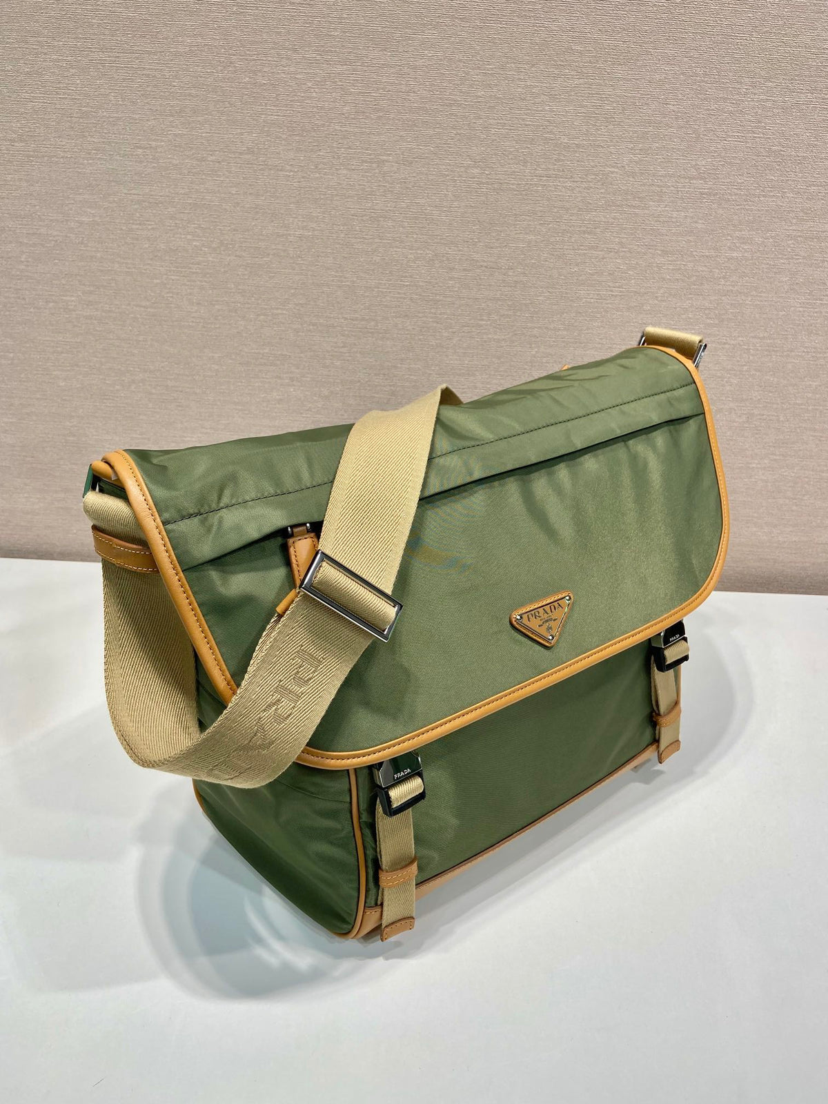 PRADA LARGE FLAP BAG 30 IN SEAWEED GREEN RE-NYLON AND BROWN CALFSKIN TRIM