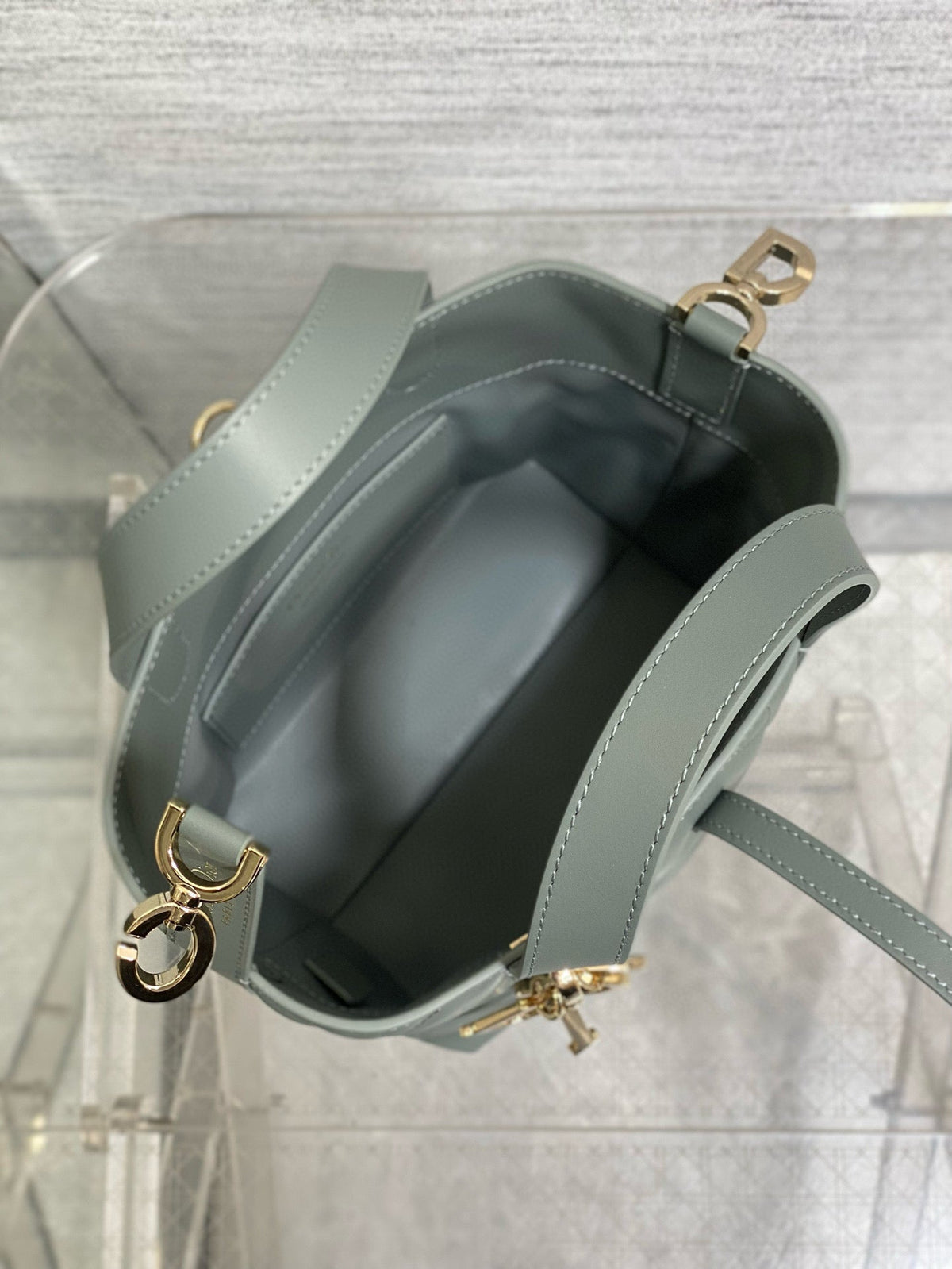 DIOR MINI TOUJOURS BUCKET BAG 18 IN GREY CANNAGE CALFSKIN