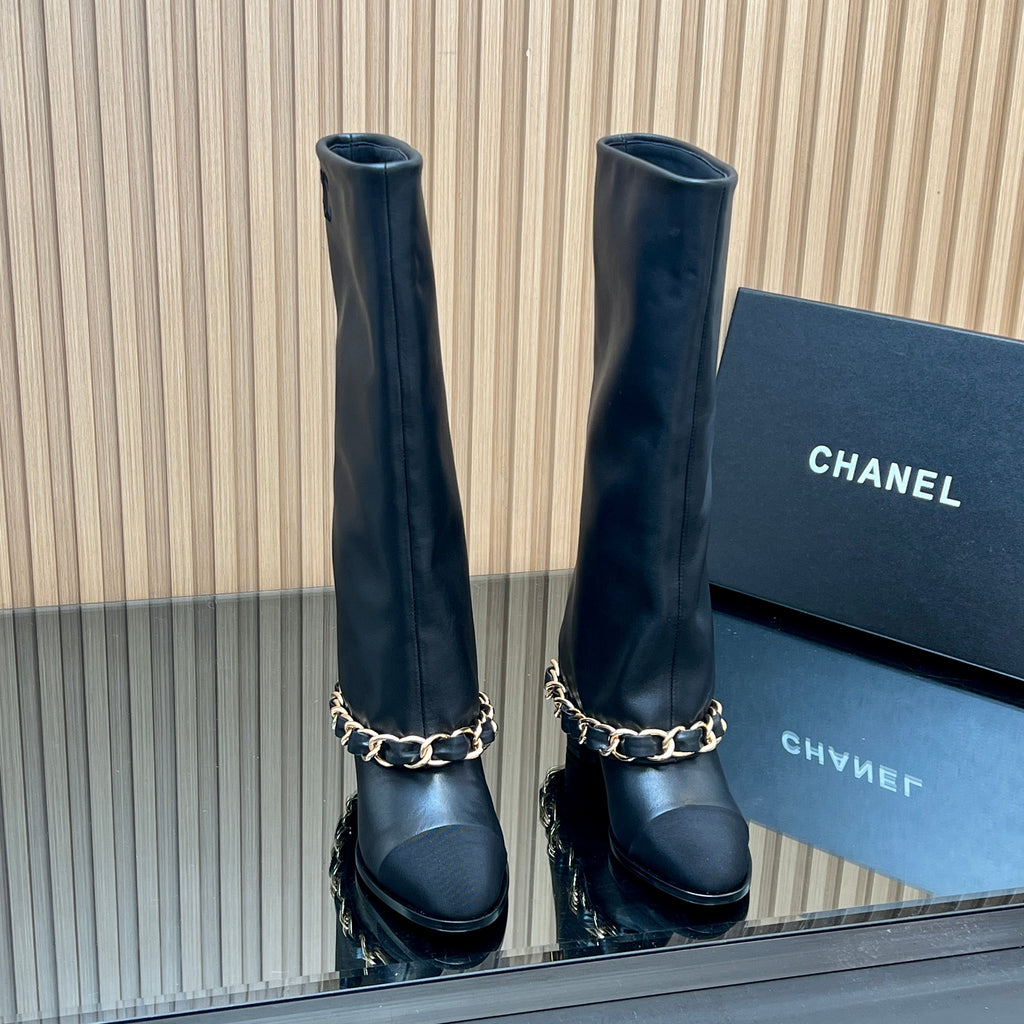CHANEL 25S KNEE-HIGH HEELED BOOTS 65MM IN BLACK CALFSKIN GOLD HARDWRE