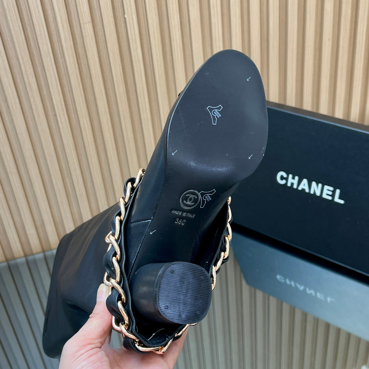 CHANEL 25S KNEE-HIGH HEELED BOOTS 65MM IN BLACK CALFSKIN GOLD HARDWRE