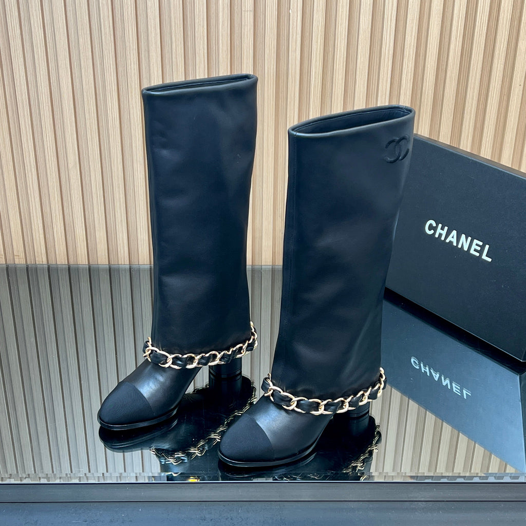 CHANEL 25S KNEE-HIGH HEELED BOOTS 65MM IN BLACK CALFSKIN GOLD HARDWRE