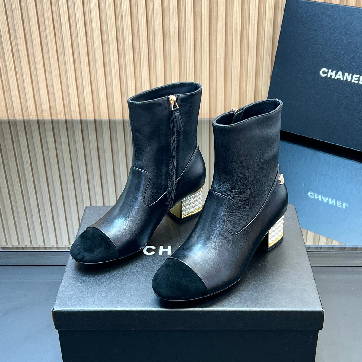 CHANEL 25S TALL BOOTS WITH PEARL DETAILS 50MM IN BLACK SUEDE AND CALFSKIN
