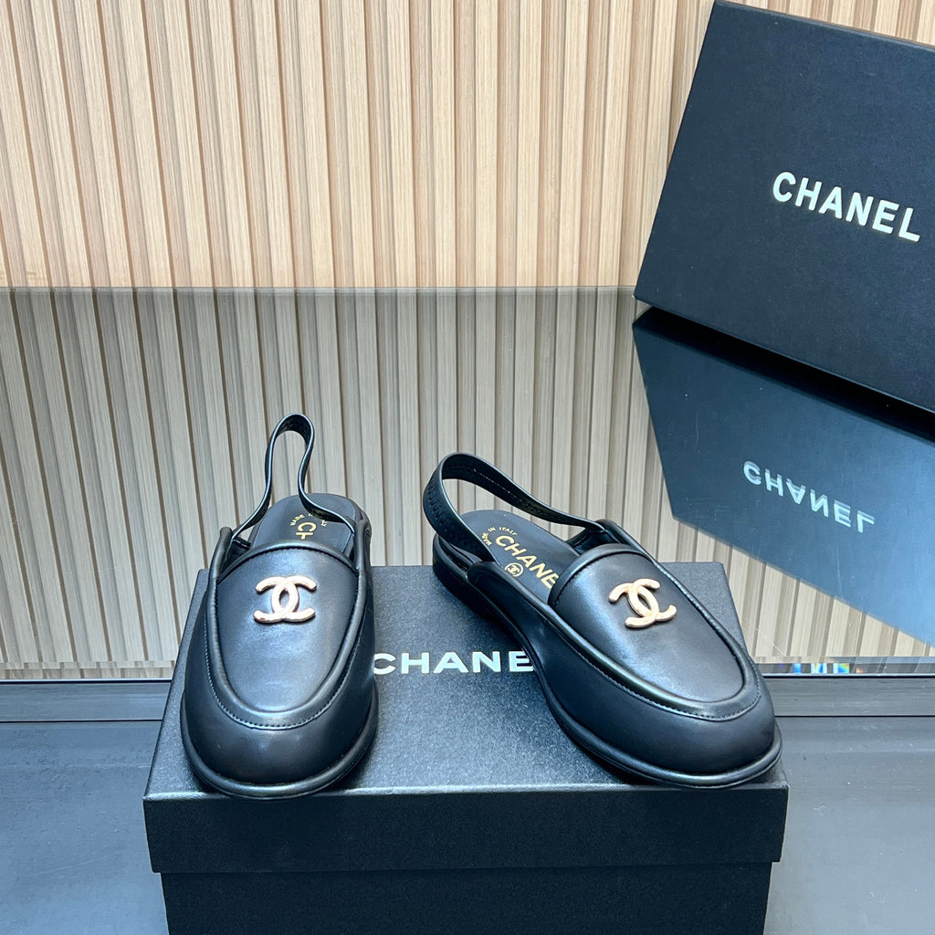 CHANEL 25S BACK STRAP MULE 15MM IN BLACK CALFSKIN GOLD HARDWRE