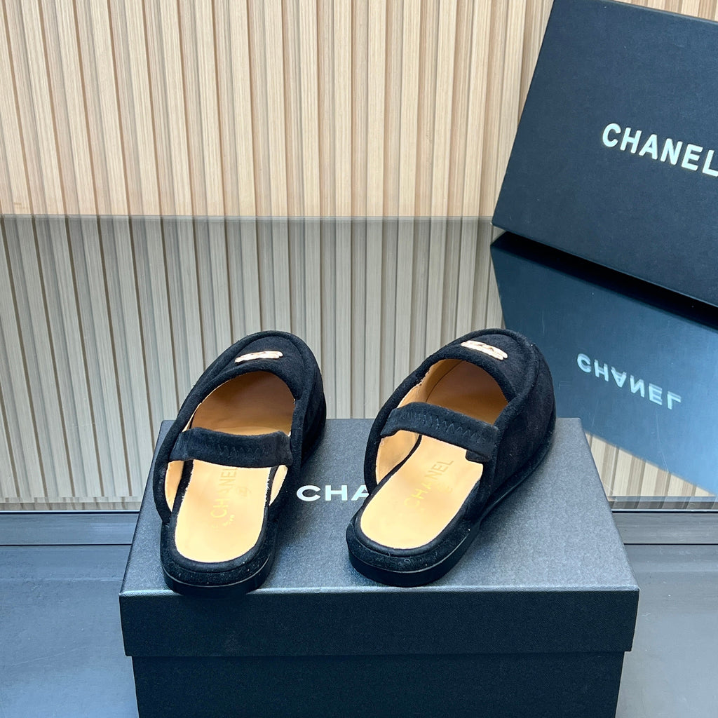 CHANEL 25S BACK STRAP MULE 15MM IN BLACK SUEDE GOLD HARDWRE