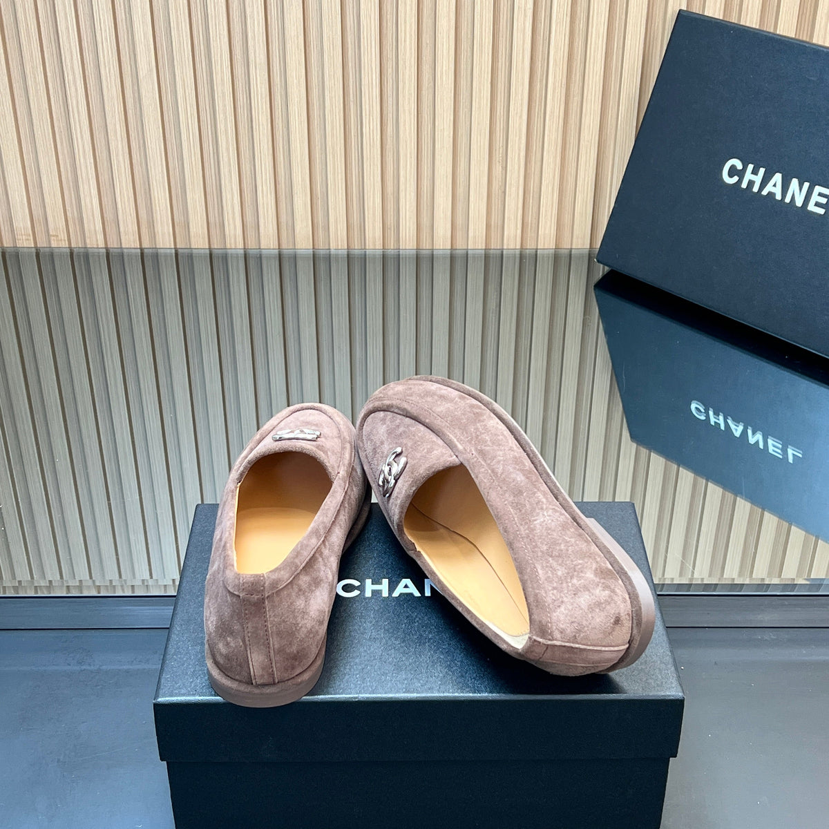 CHANEL 25S TEDDY LOAFER 15MM IN TAUPE GRAY SUEDE SILVER HARDWRE