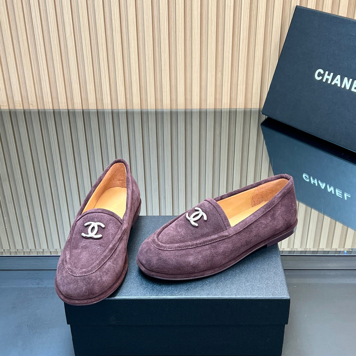 CHANEL 25S TEDDY LOAFER 15MM IN DARK PURPLE SUEDE SILVER HARDWARE
