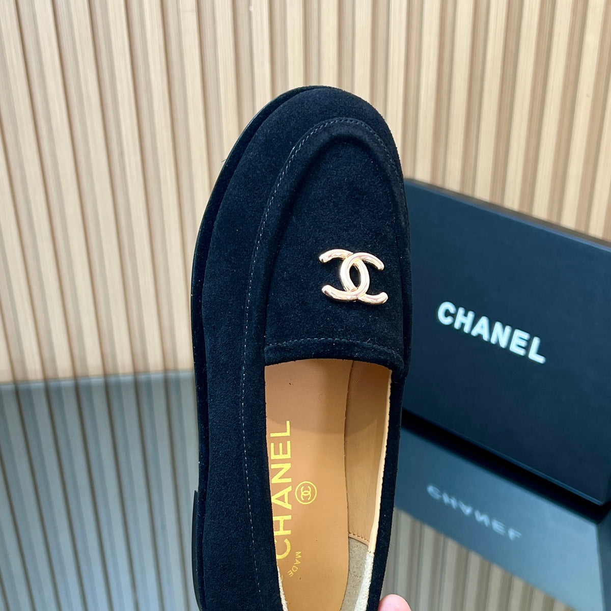 CHANEL 25S TEDDY LOAFER 15MM IN BLACK SUEDE