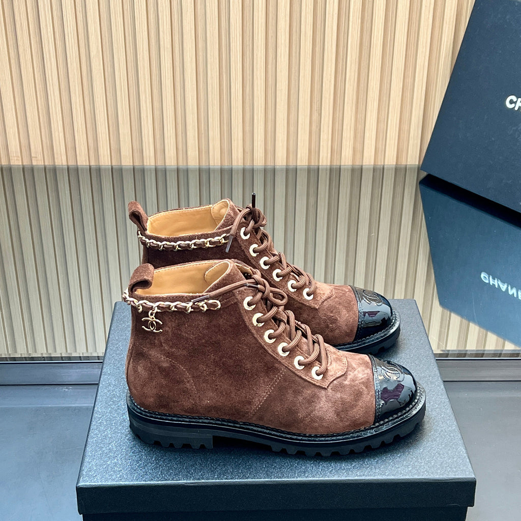 CHANEL 25S MARTIN LACE-UP BOOTS WITH CHAIN DETAIL IN DARK BROWN SUEDE