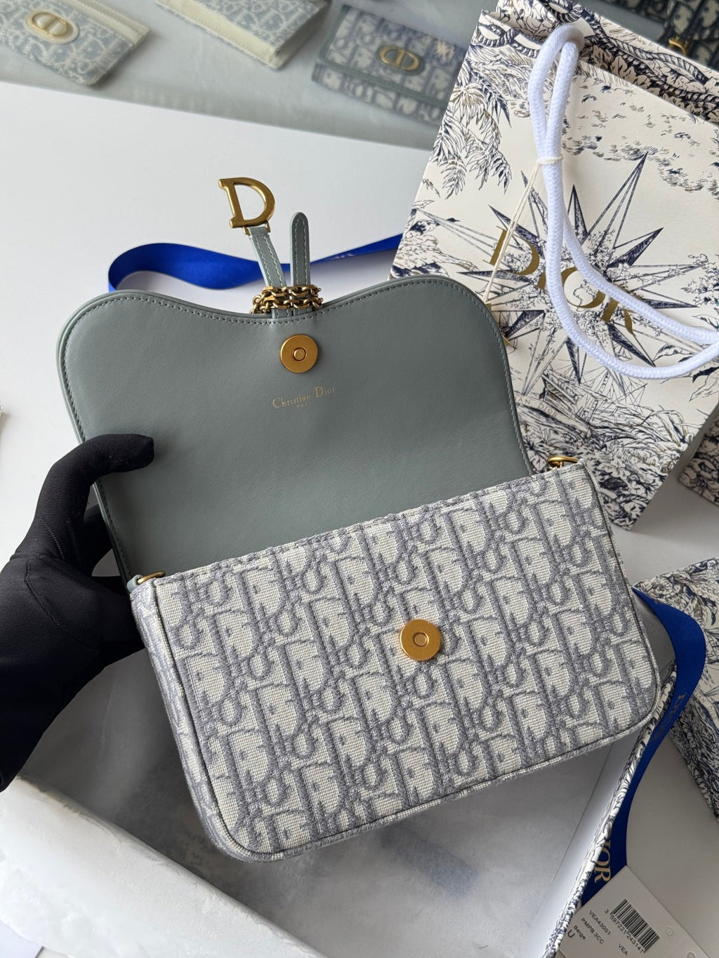 DIOR 25S MEDIUM SADDLE POUCH WITH CHAIN 21 IN GRAY DIOR OBLIQUE JACQUARD CANVAS