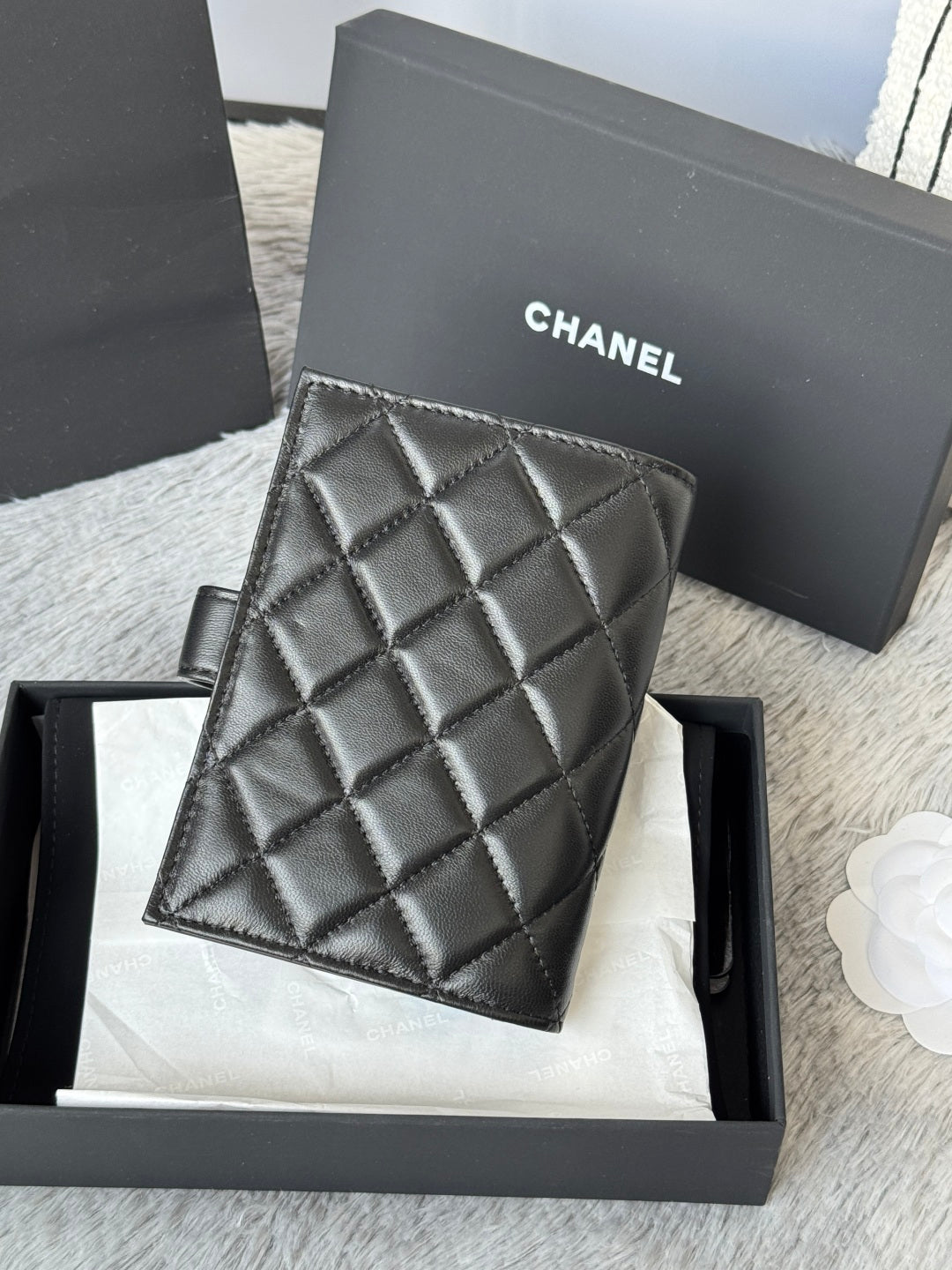 CHANEL 25S MULTI PURPOSE PASSPORT WALLET 15 IN BLACK LAMBSKIN SILVER HARDWARE