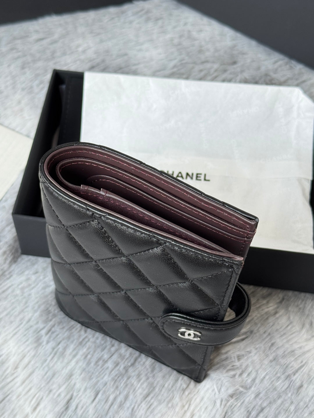 CHANEL 25S MULTI PURPOSE PASSPORT WALLET 15 IN BLACK LAMBSKIN SILVER HARDWARE