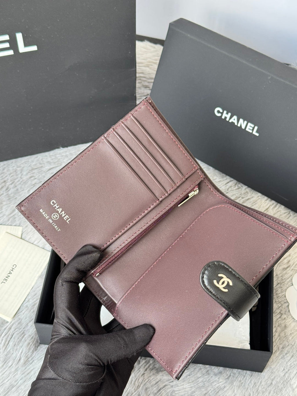 CHANEL 25S MULTI PURPOSE PASSPORT WALLET 15 IN BLACK LAMBSKIN SILVER HARDWARE