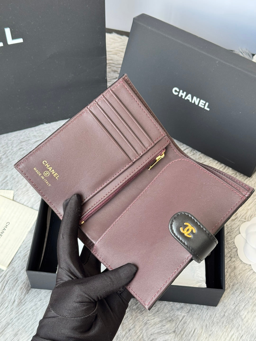 CHANEL 25S MULTI PURPOSE PASSPORT WALLET 15 IN BLACK LAMBSKIN GOLD HARDWARE