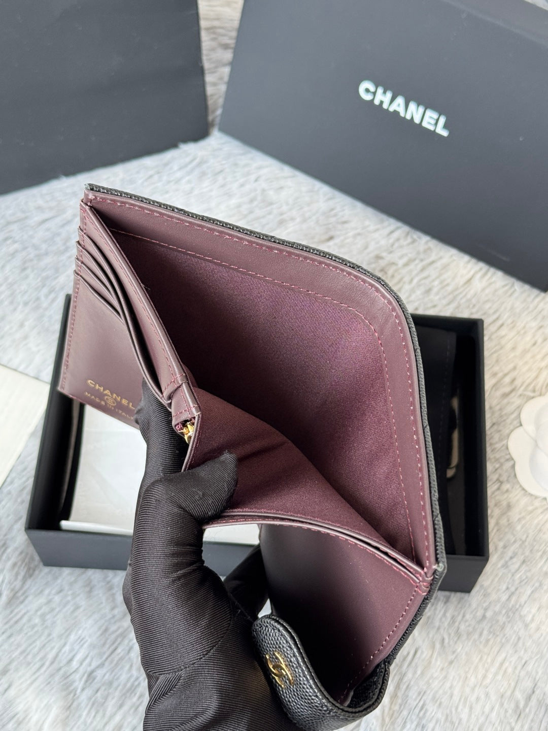 CHANEL 25S MULTI PURPOSE PASSPORT WALLET 15 IN BLACK CALFSKIN GOLD HARDWARE