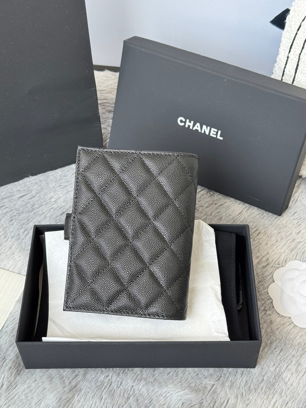 CHANEL 25S MULTI PURPOSE PASSPORT WALLET 15 IN BLACK CALFSKIN SILVER HARDWARE