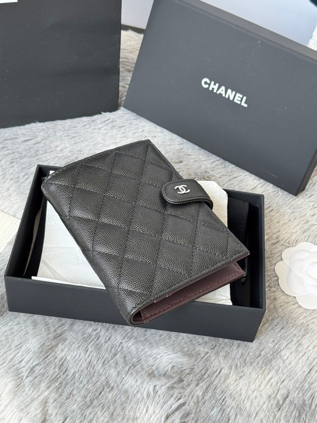 CHANEL 25S MULTI PURPOSE PASSPORT WALLET 15 IN BLACK CALFSKIN SILVER HARDWARE
