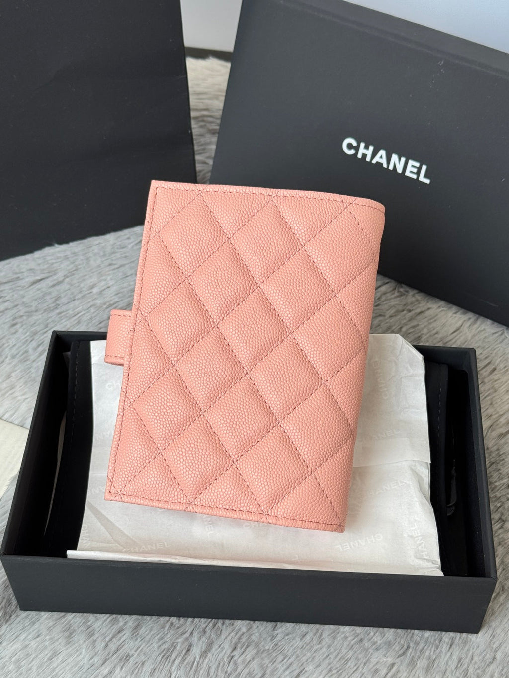 CHANEL 25S MULTI PURPOSE PASSPORT WALLET 15 IN PEACH PINK CALFSKIN GOLD HARDWARE