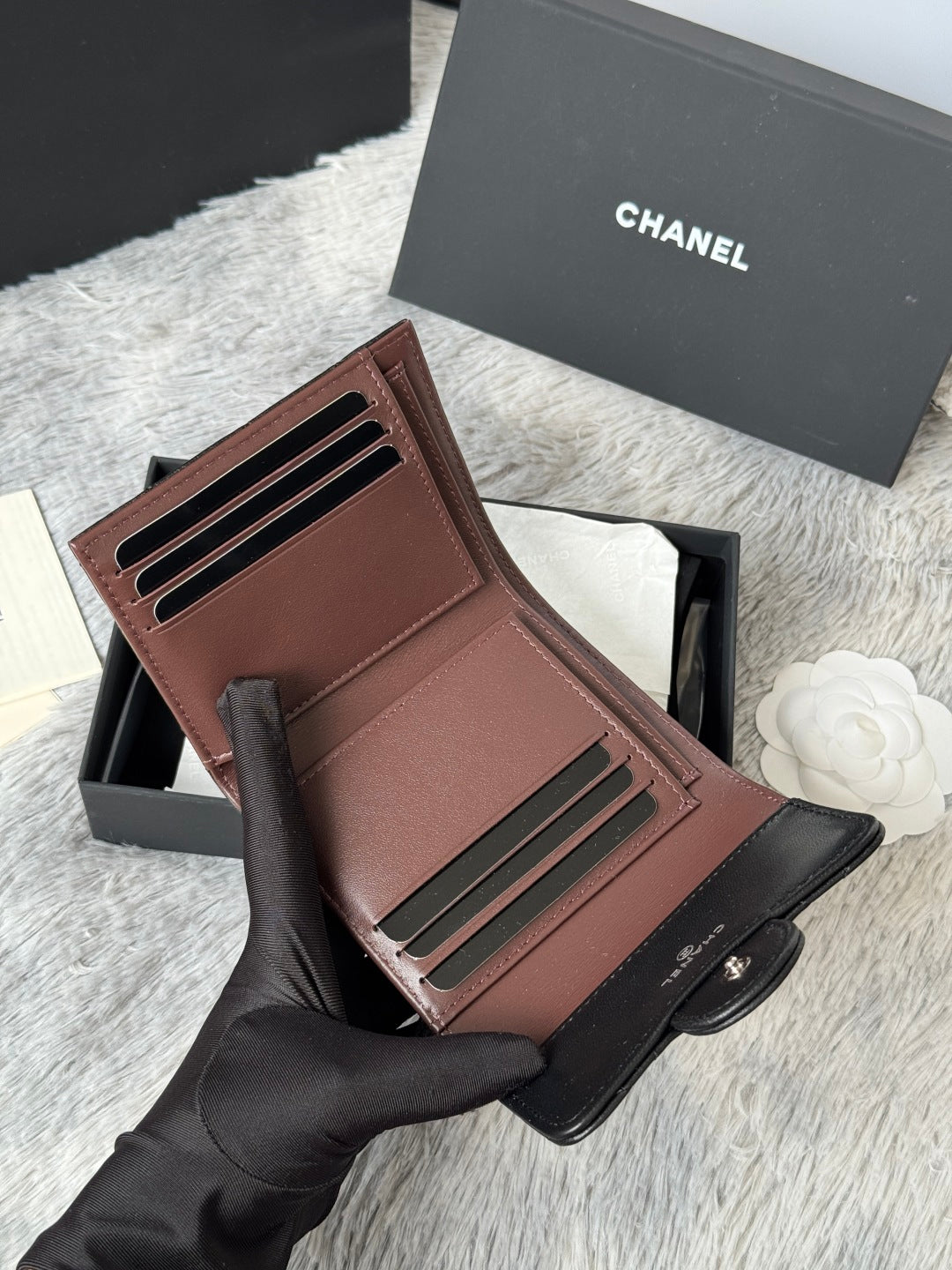 CHANEL 25S CF SMALL TRI FOLD WALLET 11 IN BLACK LAMBSKIN SILVER HARDWARE
