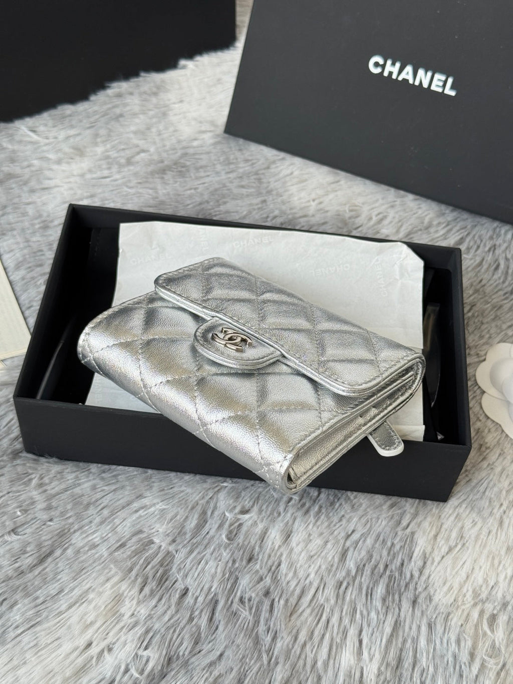 CHANEL 25S CF SMALL TRI FOLD WALLET 11 IN SILVER CAVIAR GOLD HARDWARE