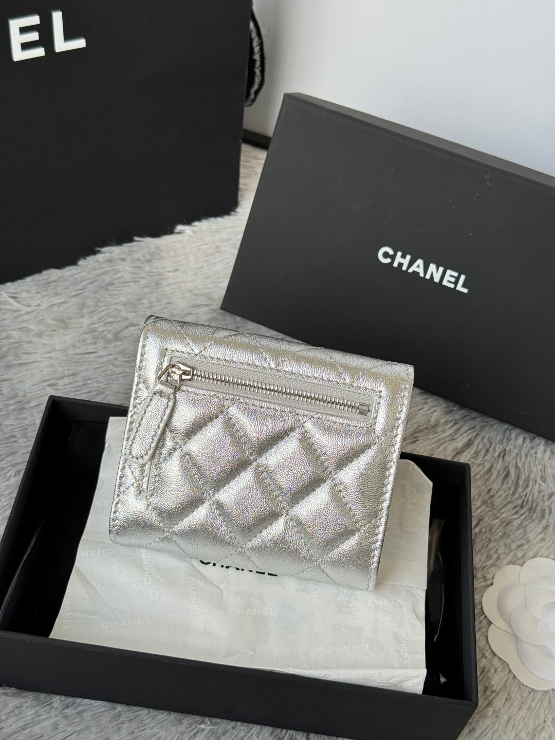 CHANEL 25S CF SMALL TRI FOLD WALLET 11 IN SILVER CAVIAR GOLD HARDWARE