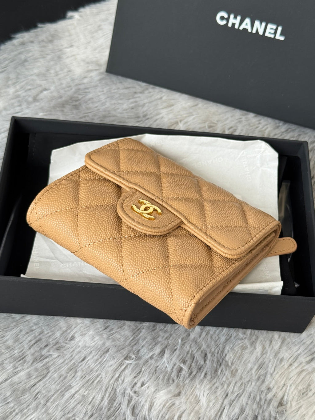 CHANEL 25S CF SMALL TRI FOLD WALLET 11 IN GOLDEN CARAMEL CAVIAR GOLD HARDWARE