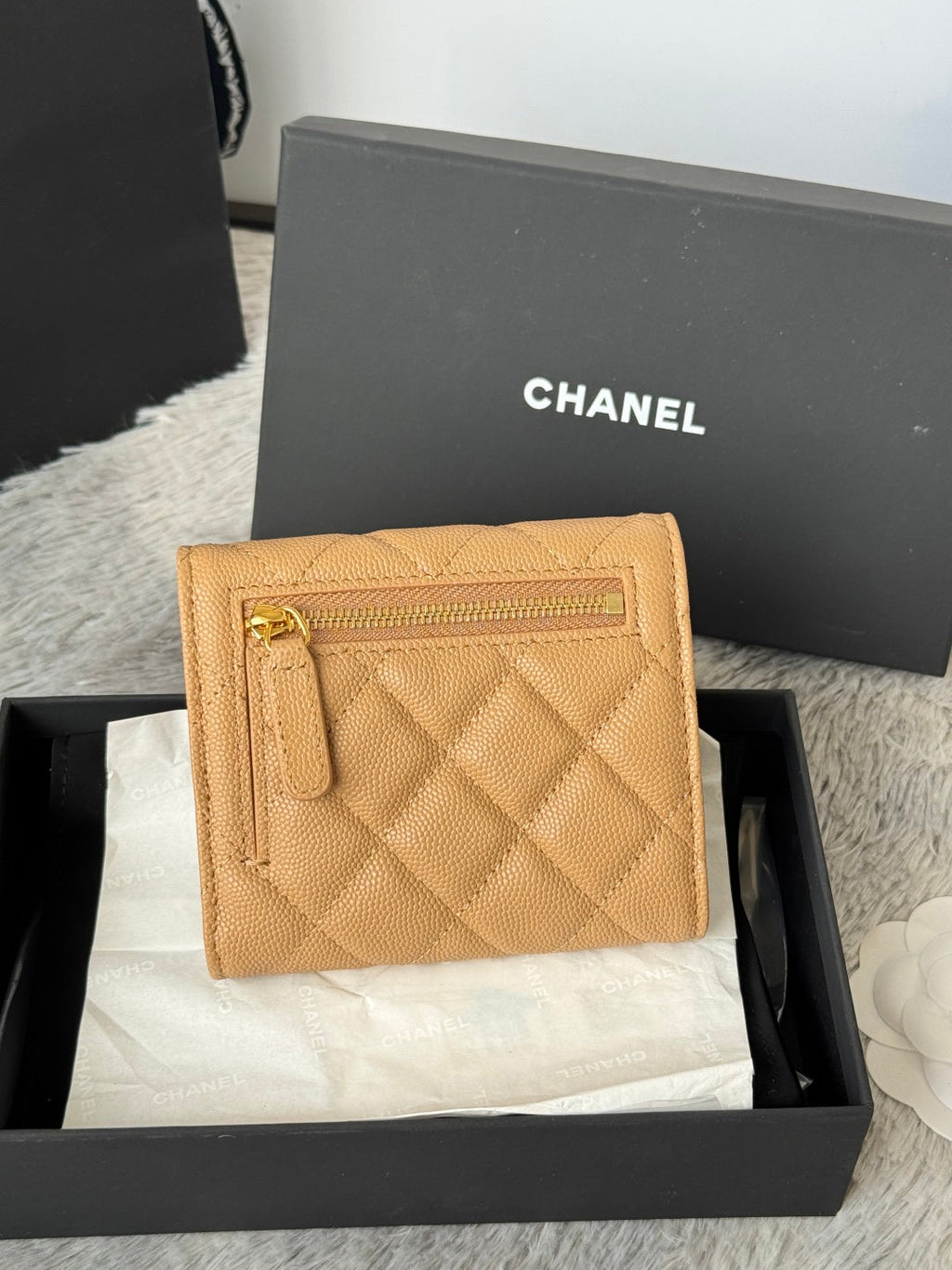 CHANEL 25S CF SMALL TRI FOLD WALLET 11 IN GOLDEN CARAMEL CAVIAR GOLD HARDWARE