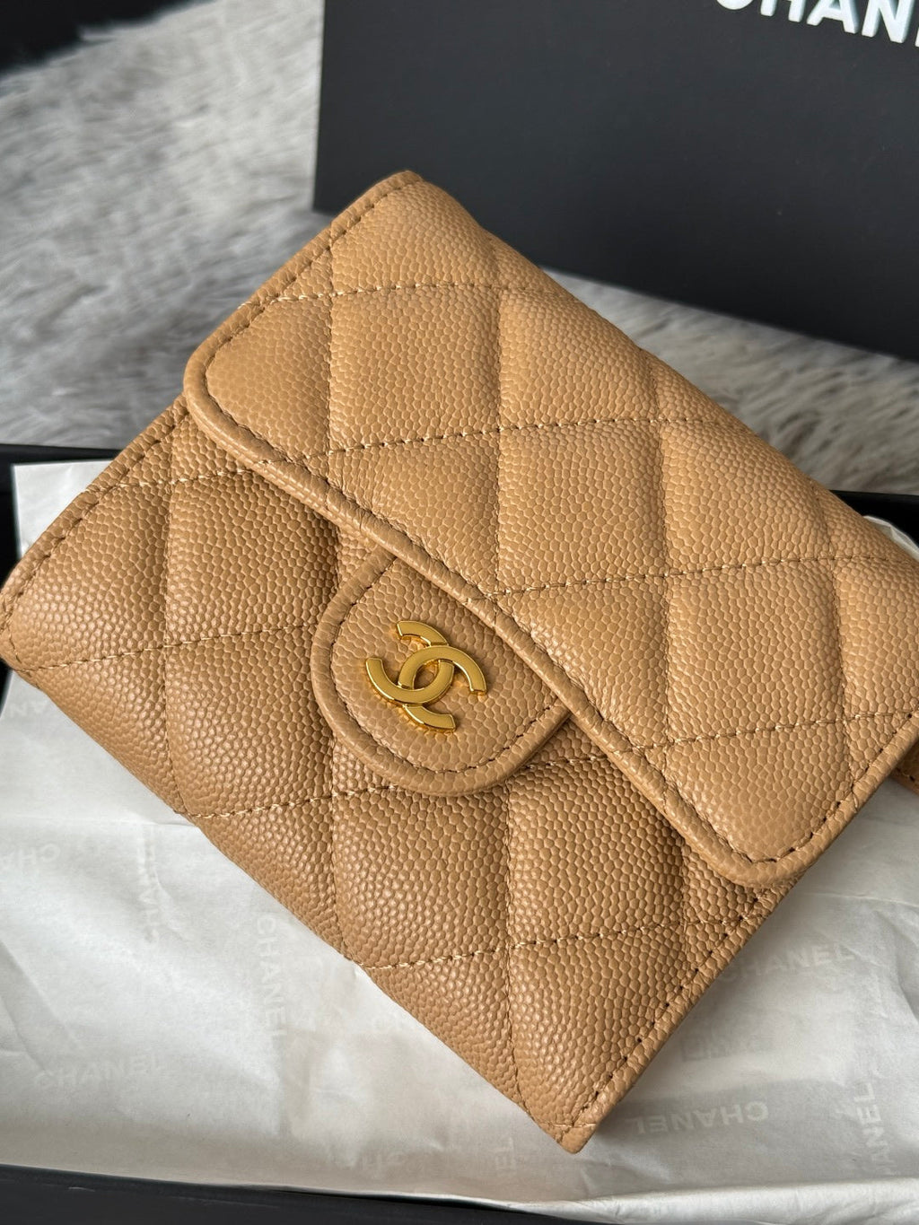 CHANEL 25S CF SMALL TRI FOLD WALLET 11 IN GOLDEN CARAMEL CAVIAR GOLD HARDWARE