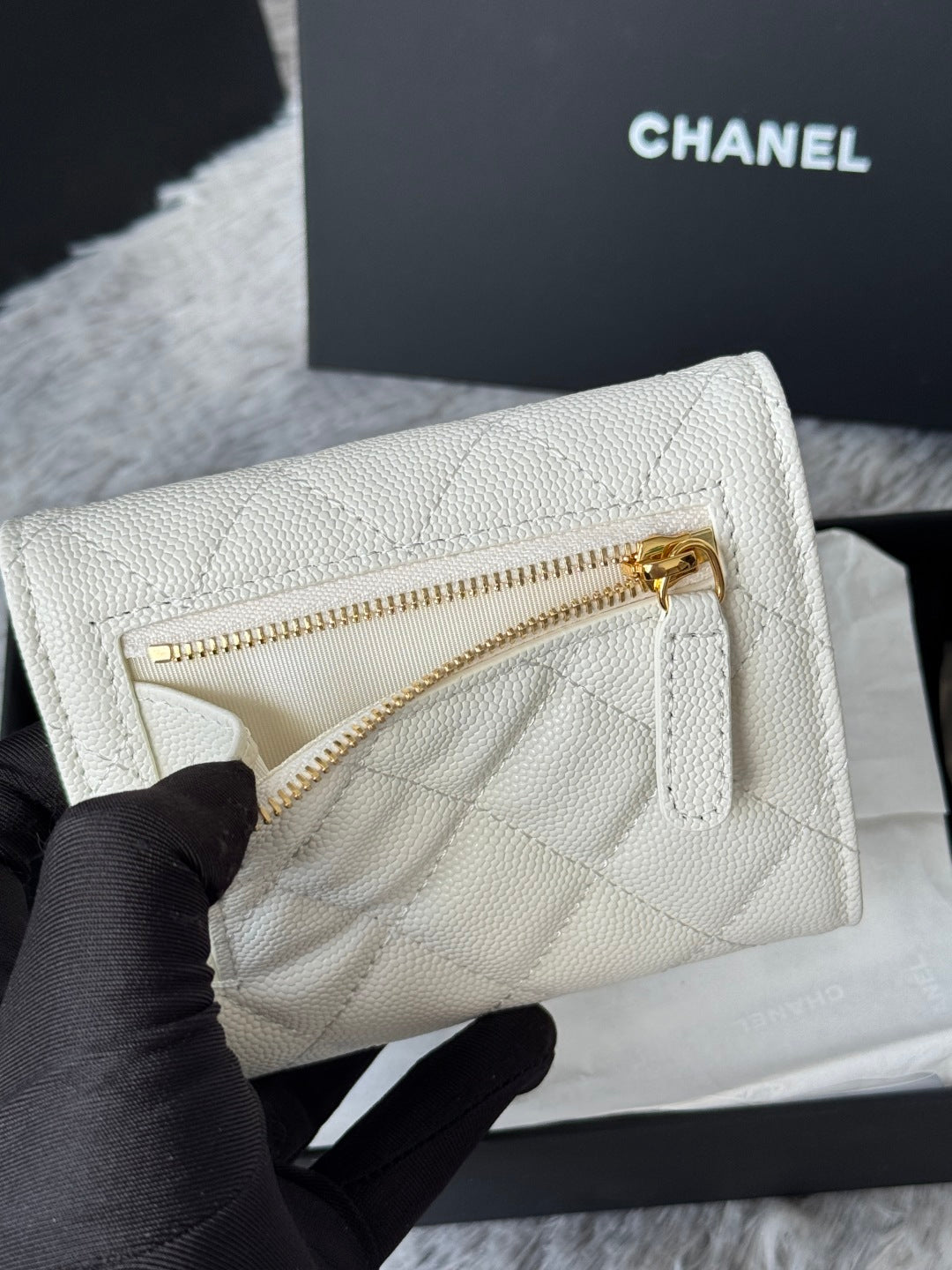 CHANEL 25S CF SMALL TRI FOLD WALLET 11 IN IVORY CAVIAR GOLD HARDWARE