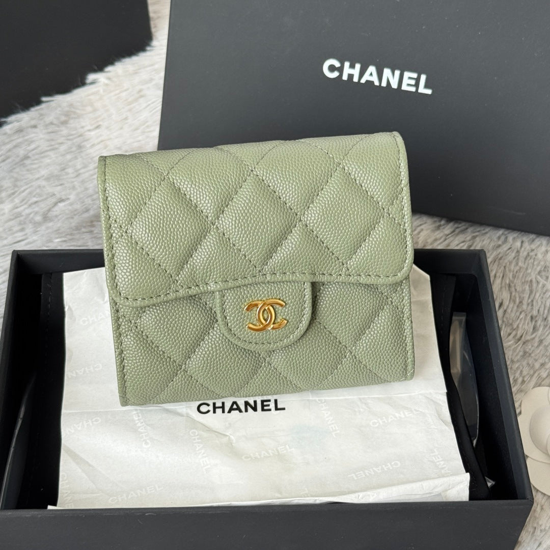 CHANEL 25S CF SMALL TRI FOLD WALLET 11 IN MOSS GREEN CAVIAR GOLD HARDWARE