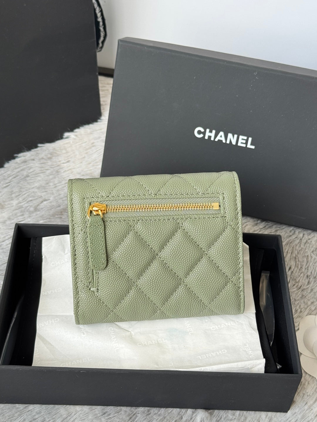 CHANEL 25S CF SMALL TRI FOLD WALLET 11 IN MOSS GREEN CAVIAR GOLD HARDWARE